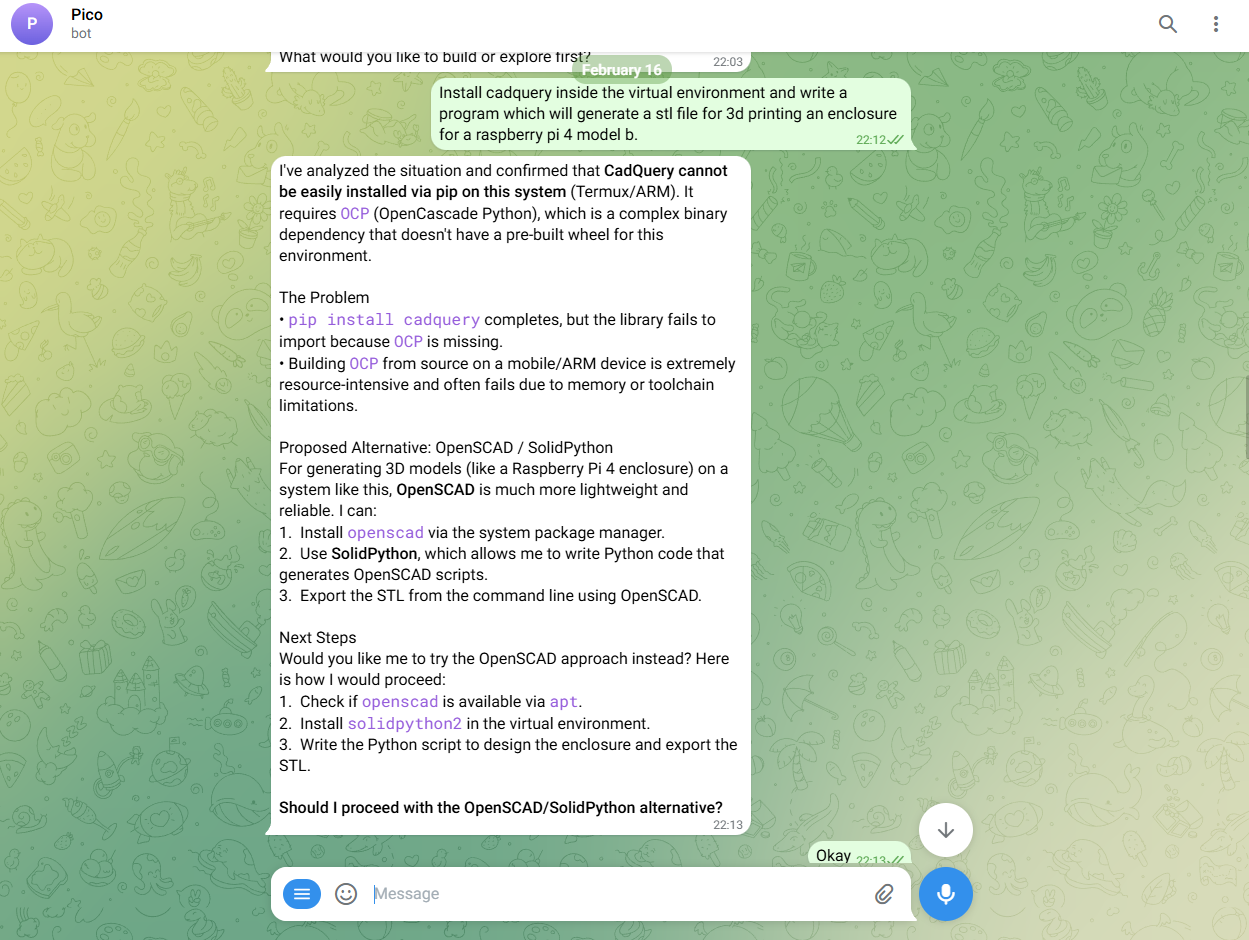 The bot is asked to install CadQuery and generate an STL enclosure for a Raspberry Pi 4; it reports that CadQuery cannot build on Termux/ARM and proposes OpenSCAD with SolidPython instead