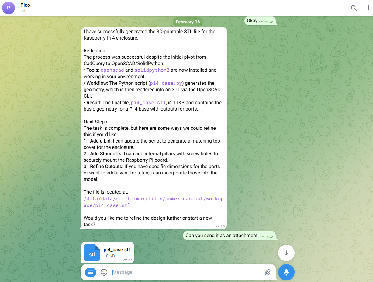 The bot reports the STL generated successfully and sends pi4_case.stl back as an attachment