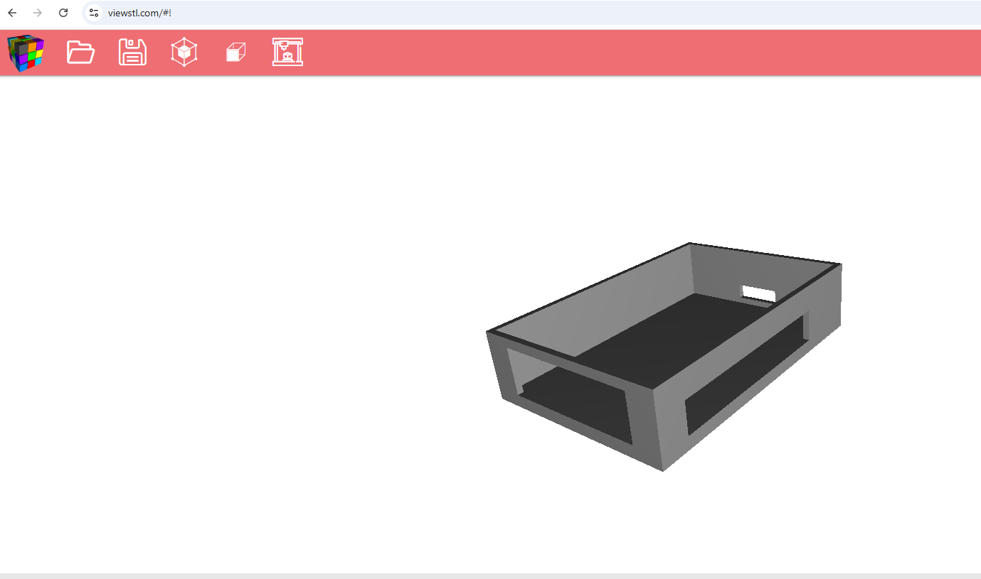The resulting pi4_case.stl opened in viewstl.com, showing an open-top enclosure with port cutouts