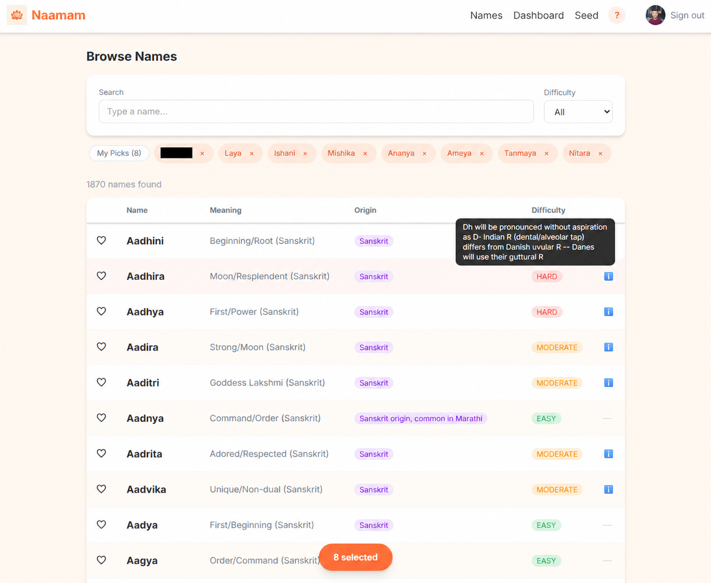 Naamam name browser showing search, pronunciation difficulty, meanings, origins, and selected names.